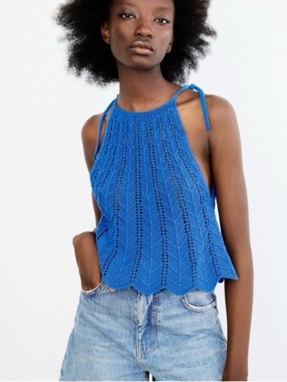 Knit blue Zara tie strap high neck tank top, small